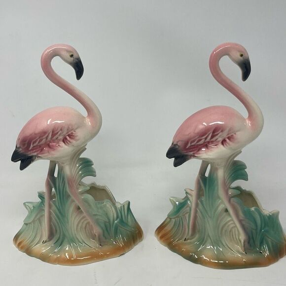 Fabulous 1950s Kitsch FLAMINGO Planter 10" TALL Hand Decorated Made in Japan Set - Picture 1 of 10
